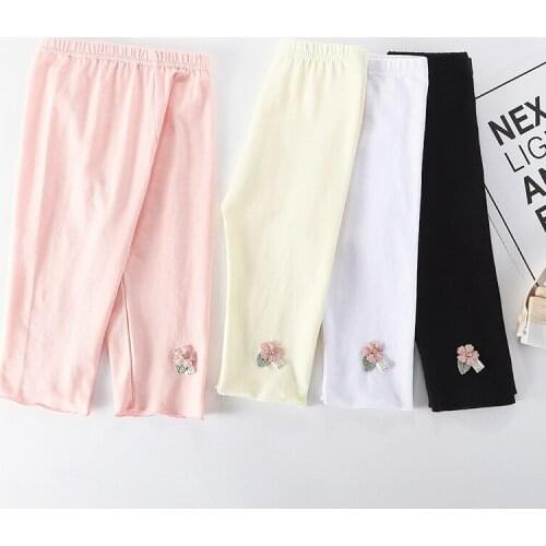 Spring-Summer Kid Five Pants Solid Color Girls Knee Length Children Cropped Trousers All-matches Bottoms Leggings Floral Sweet