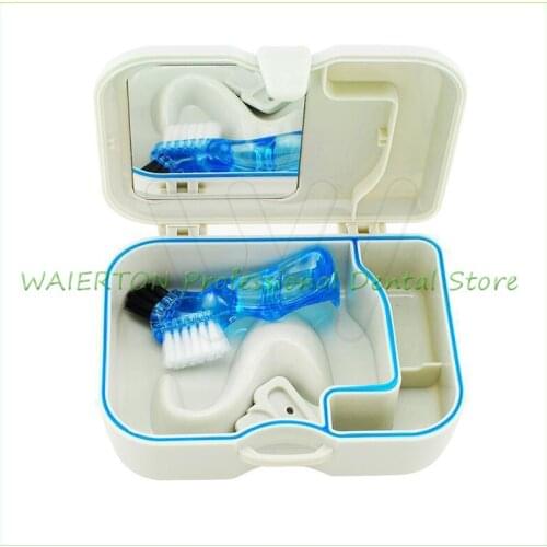 Denture Storage Box Case With Mirror and Clean Brush Dental Appliance