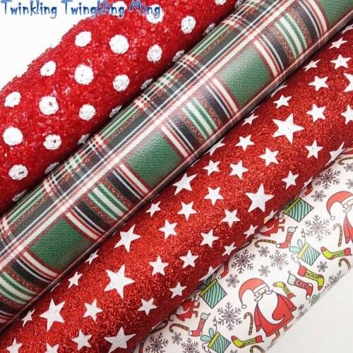 Stars Dots Printed Glitter leather, Snowman Tartan Printed Christmas Faux Fabric For Bow A4 21x29CM Twinkling Ming KM183