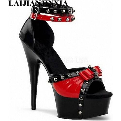 LAIJIANJINXIA New Bowtie Night Club Women Sexy Dance Shoes 15cm High Heels Platform Dancing Shoes Sandals Pole Dance Shoes