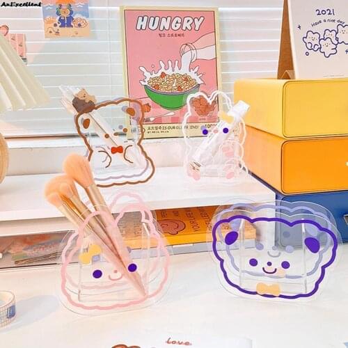 Cute Cartoon Pen Holder Transparent Acrylic Vase Makeup Brush Storage Box Student Stationery Home Desktop Organizer Decoration