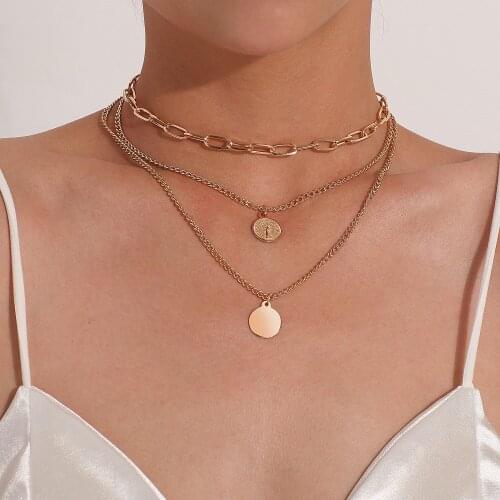 Multi-layer Fashion Geometric Circle Shape Portrait Necklace Pendant Women Statement Short Choker Thick Chain Necklace Jewelry