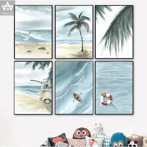 Seascape California Art Print Van Wall Art Soft Pastel Canvas Painting Palm Wall Pictures for Living Room Decoration Home Decor