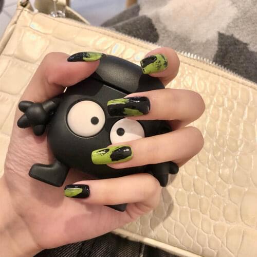 24pcs press on nails with designs Fang circular Art graffiti Black green false nails with glue for girls