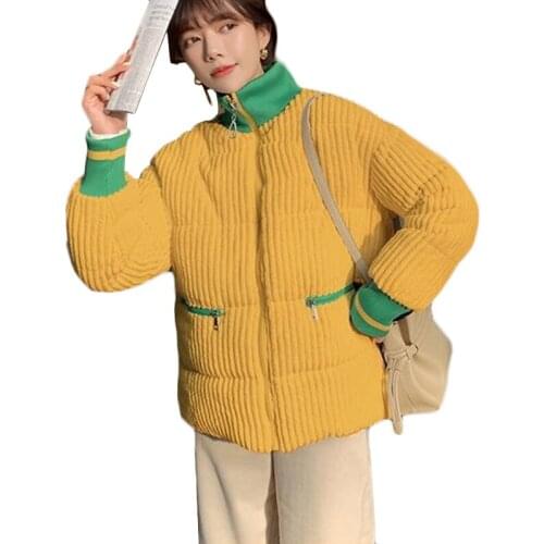 2021 New Womens Corduroy Stitching Knitted Embroidery Down Cotton Jacket Winter Thick Warm Bread Clothing Fashion Parka Overcoat