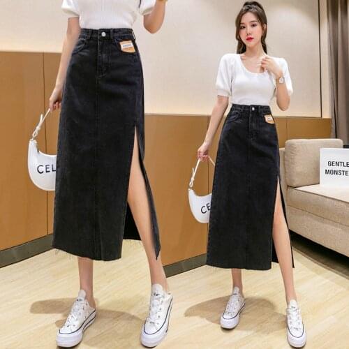New Summer Style Women Skirts Casual Solid Empire Side Slit Over Hips Joker MD-Long Jeans For Females Denim Middle Skirt