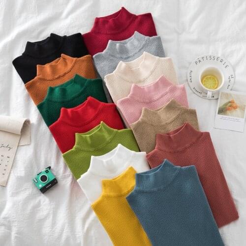 2021 Autumn Winter Knitted Sweater Women Long Sleeve Slim Sweater Pullover Solid Half High Collar Jumper Sweaters Pull 17043