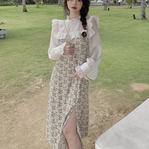 Autumn Floral Elegant Dress Women Japanese Ruffles Princess Casual Sweet Dress Korean Long Sleeve Holiday Party Chic Midi Dress