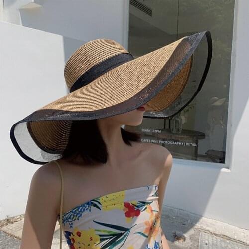 1PC Large Brim Straw Hat Net Gauze Brim Large Brim Sunshade Hat Ladies Sun Cap Sea Side Travel Beach Outing Summer Fashion