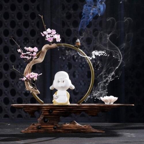 Lovely Monk Backflow Incense Burner Holder Smoke Waterfall Buddha Statue Creative Office Home Decor Ceramic Zen Ornaments