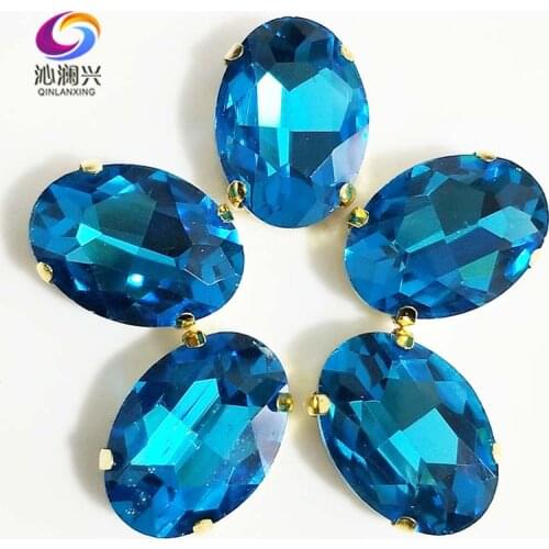Lake blue oval shape High quality Glass Crystal sew on stones,golden bottom claw rhinestone,Diy/Clothing accessories SWTG13