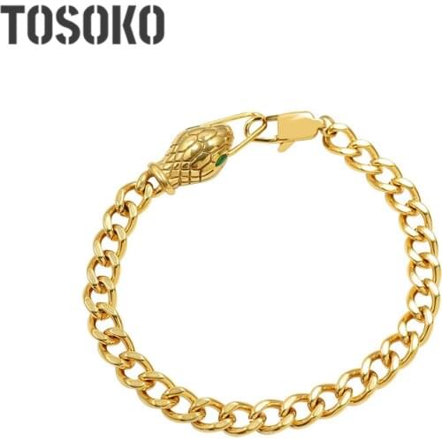 TOSOKO Stainless Steel Jewelry Couple Bracelet Zircon Bracelet Snake Head Green Eye Hip Hop Bracelet BSE235
