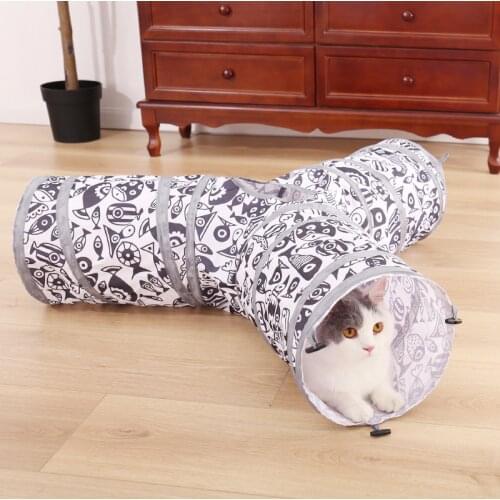 3 Holes Pet Cat Tunnel Toy for Cat Kitten Fish Pattern Collapsible Interactive Cat Tunnel Toy with Playing Ball Train for Rabbit