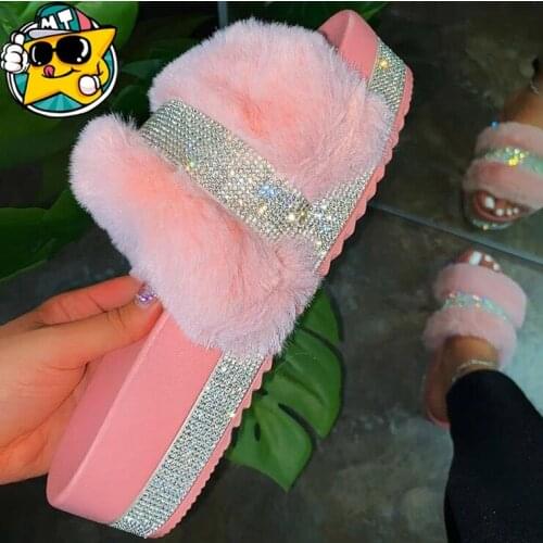 Hot Sale 2020 Womens Shoes Open Toe Plush Slippers Outdoor Flat Sandals Solid Color Rhinestones Fashion Plus Size 43