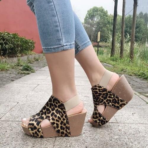 2021 Summer Womens Sandals Leopard Wedge Sandals Fish Mouth Fashion High Heel Platform Open Toes Women Sandals Shoes