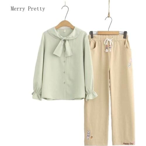 Women Casual Pant Sets Solid Tie Collar Cotton Blouse And Cartoon Embroidery Straight Pants 2021 Summer 2 Piece Set Clothing