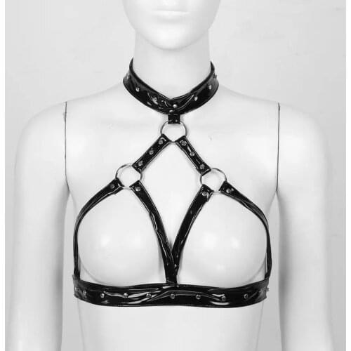 Women Sexy Shiny Leather Bra Hollow Out Erotic Porn Breast Exposed Glossy Wetlook Latex Tops Adjustable Halter Neck Metal Rivets