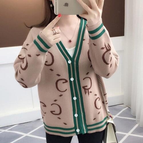 Korean Style Letter Knitted Cardigan Women 2021 Spring Autumn Long Sleeve Button Up Sweater Jacket Casual v-Neck Loose Knitwear