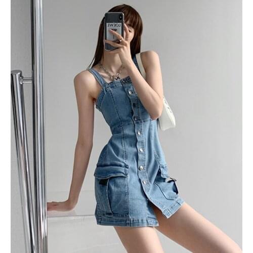 WOMENGAGA Denim Mini Dress Vest Tank Thin Single Breasted Girl Female Elegant Short Safari Style Korean Women Tops AX9I
