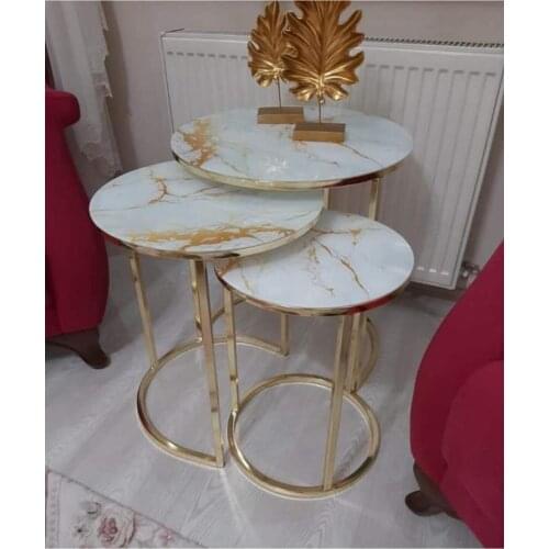 White Marble Patterned Gold Pedestal Zigon Coffee Table 3'lü