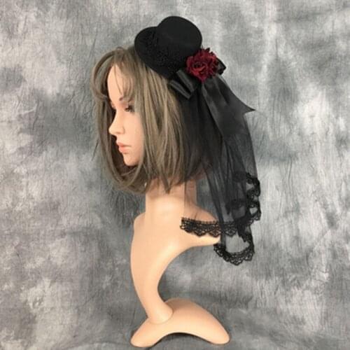 Black Veil With Hat Headdress Small Hat Flat Hat Retro Lace Veil 30M Gothic Diablo Series Wedding Hair Accessories