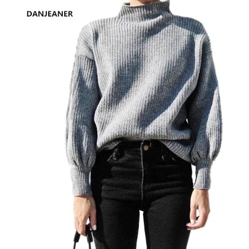 Danjeaner 2018 Autumn Winter Turtleneck Lantern Sleeve Pullovers Women Solid Slim Fit Long Sleeve Warm Sweaters Streetwear Tops