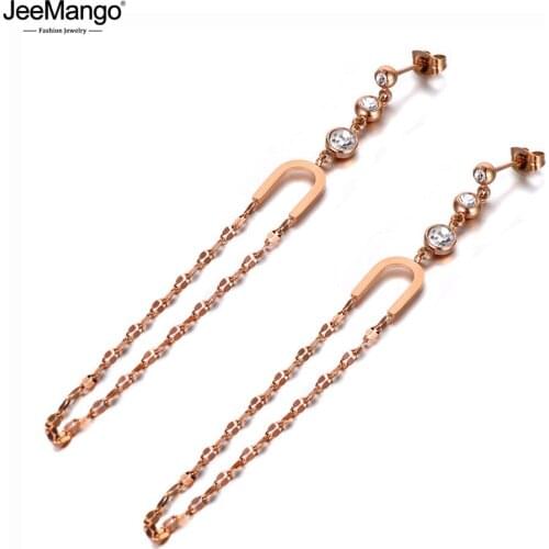 JeeMango Titanium Stainless Steel CZ Crystal Tassel Earrings Trendy Long Chain Party Dangle Earrings Jewelry For Women JE19317