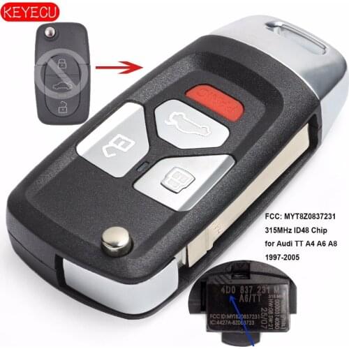 Keyecu Upgraded Replacment Flip Remote Key 4B 315MHz ID48 Chip Fob for Audi TT A4 A6 A8 1997-2005 FCC: MYT8Z0837231