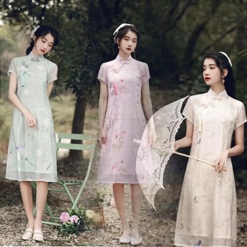 Chinese Cheongsam Qipao Dress Casual 2021 Spring and Summer Cheongsams Dress 2021 Girls Retro Qipao Chiffon Dresses for Women