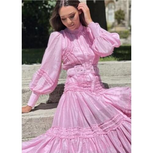 Summer dress woman fashion long splicing fungus lace long sleeve A-line cotton dress with belt