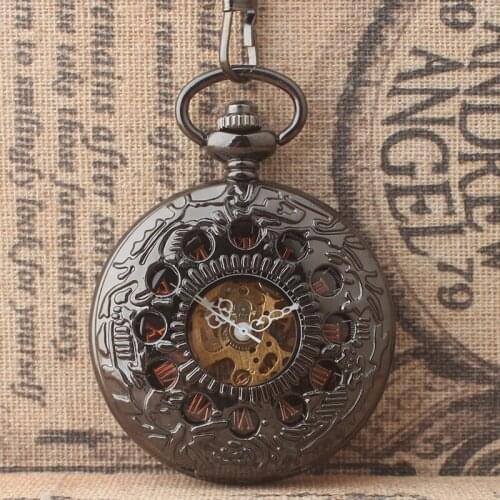 10pcs/lot Steampunk Black skeleton Mechanical Pocket Watch Roman Dial Flip Women Men Pocket Watches with Chain