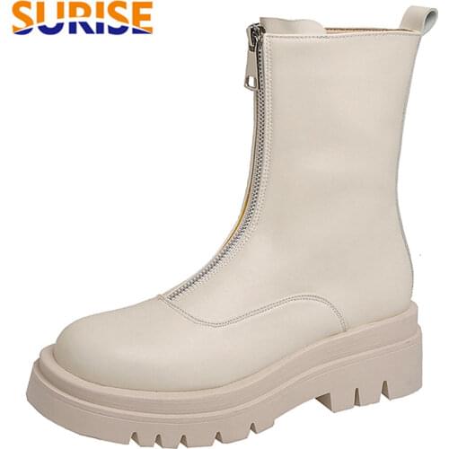 2021 Fashion Front Zipper Women Mid-calf Boots Black White Casual Party Lady Round Toe High Thick Heel Winter Platform Half Boot