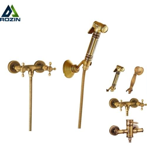 Wall Mounted Brass Bidet Mixer Faucet Toilet Sprayer Tap Antique Bathroom Mop Cleaning Tap Handheld Shower Set