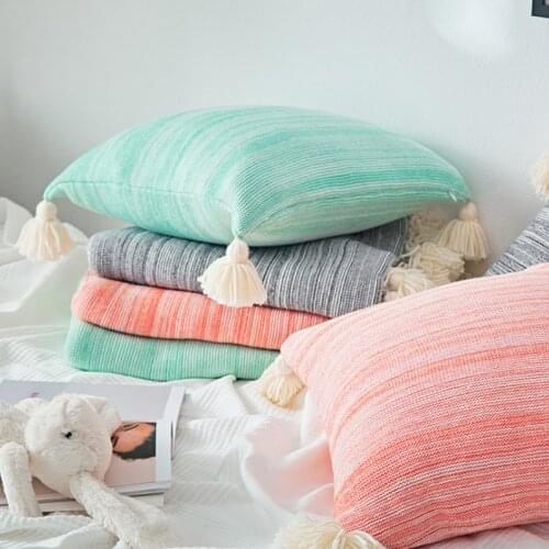 DUNXDECO Cushion Cover Cotton Knitting Blanket Pillow Case Nordic Fresh Gradient Color Fringe Home Bedding Room Sofa Decoration