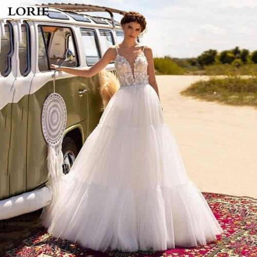 LORIE Spaghetti Straps Tulle Wedding Dresses A Line Lace Appliques Bride Dresses Floor Length Wedding Gowns 2021
