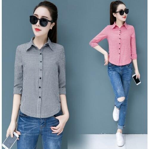 Womens Plaid Cotton Shirts Blouses for Women Casual Clothes Turn Down Collar Long Sleeve Work Shirt Female Tops Button Blouse