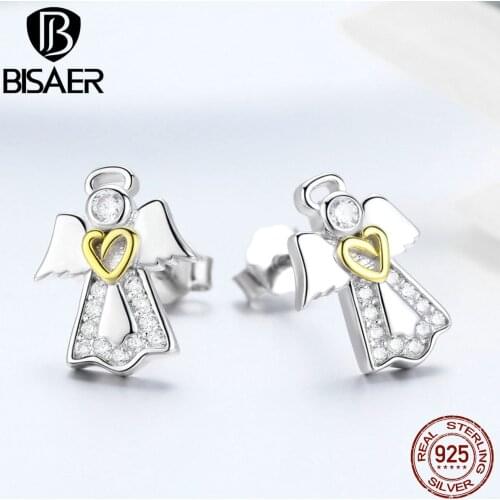BISAER Lucky Guardian 925 Sterling Silver Angel Wings Stud Earrings for Women Zircon Angel Earrings Stud Silver Jewelry ECE476
