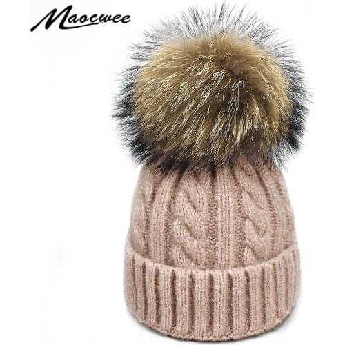 Kids Women Real Fur Pompon Beanies Hat Winter Wool Crochet Knitted Hat Fashion Natural Fur Pom Pom Female Soft Solid Warm Beanie
