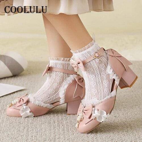 COOLULU Ankle Strap Lolita High Heels Women Shoes Buckle Thick Heel Cosplay Pumps Pearl Bow Dress Footwear Female Spring Pink 48