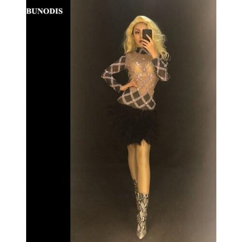 ZD434 Women Sexy Net Yarn Black Feather Skirt AB Sparkling Crystals Nightclub Party Stage Wear Singer Dancer Bling Costumes