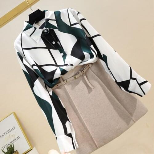 2021 Summer New Fashion Blouse Female Lapel Long-sleeved Loose Wild Blusa Geometric Contrast Printing Chiffon Shirt DK1384