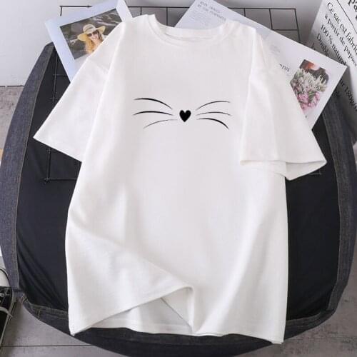 Cats Beard Print Cute Woman T-shirts Fashion High Quality Tops Summer Short Sleeve Lady Clothing Hip Hop Leisure Camisetas 2021