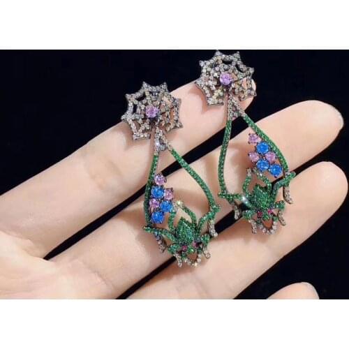 Spider and spider web drop earring long 925 sterling silver green multi color fine women jewelry free shipping party wedding