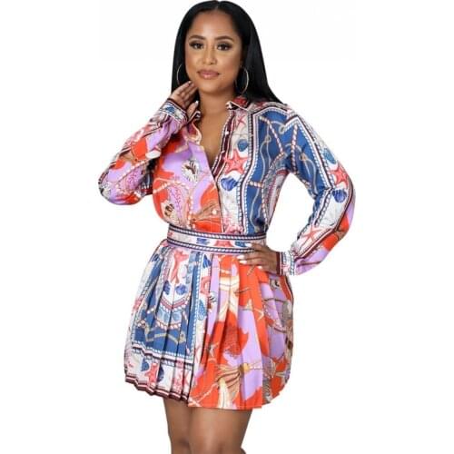 2 Pieces Set Sexy Autumn Fashion Women Set 2021 Female Tops Floral Print Long Sleeve Shirt Blouse And Pleated Mini Skirts