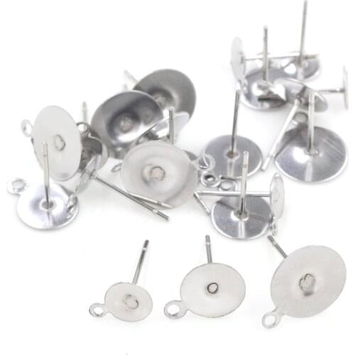 100pcs/lot Stainless Steel Blank Post Earring Studs Pins with Loop Hang 6/8/10mm Flat Round Tray Base Ear Jewelry Findings DIY
