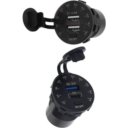 12V QC3.0 USB Type C PD Car Charger Fast Charge with LED Voltmeter ON OFF Switch