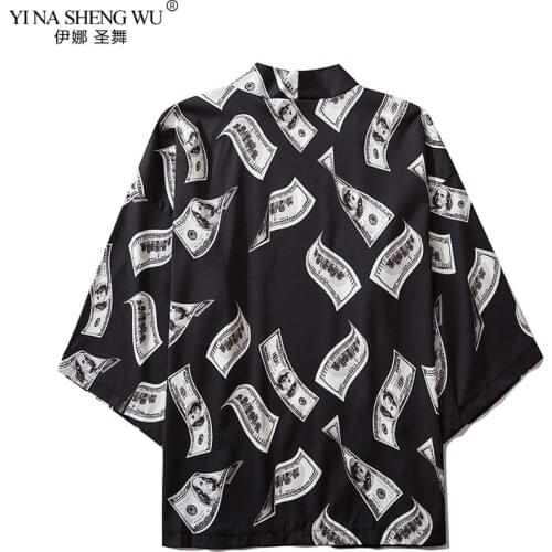 Japanese Dollar Print Kimono Cardigan Harajuku Traditional Women Cosplay Yukata Female Obi Black Streetwear Haori Beachsafd Coat