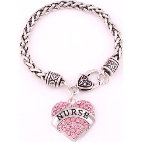 Fashion rhodium plated studded with sparkling crystal NURSE charm bracelet Lobster-claw-clasps