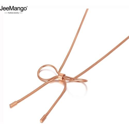 JeeMango Trendy Bohemia Stainless Steel Bowknot Charm Choker Necklaces Snake Chain Pendant Necklace For Women цепочка JN20062