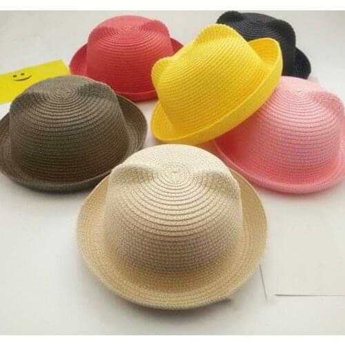 Droppshiping Fashion Girls Boys Straw Hats Summer Baby Sun Hat Lovely Children Solid Floppy Cat Ears Decor Cap dg88